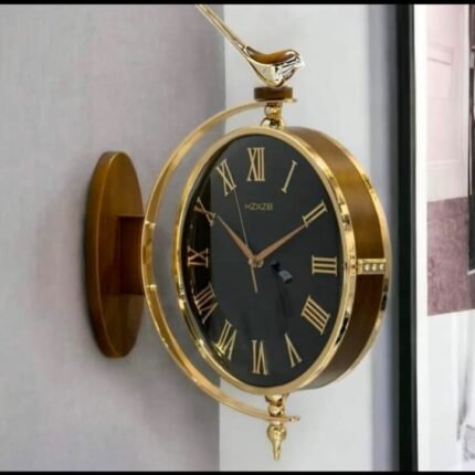 Vintage Clock Handcrafted Double Side Roman Number Brass Finish Metal Railway Station Analog Clock, 12 Inches