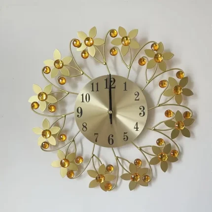 Elegance Bloom Gold Metal Wall Clock with Amber Crystal AccentsFloral Radiance Luxury Wall Clock - Decorative Metallic Timepiece