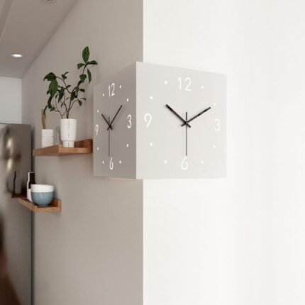 Double-Sided Corner Metal Wall Clock. It is a modern and creative home decor piece designed specifically to utilize the 90-degree corners of a room.
