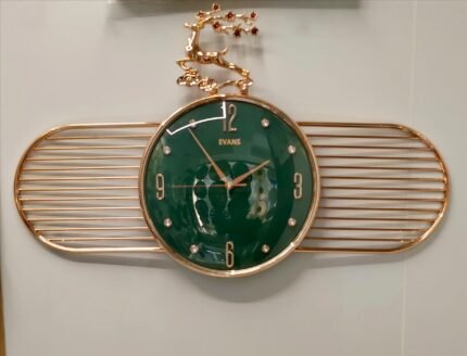 Luxury Emerald Green & Rose Gold Stag Wall Clock (by Evans)""Modern Metal Art Deer Wall Clock with Emerald Dial"