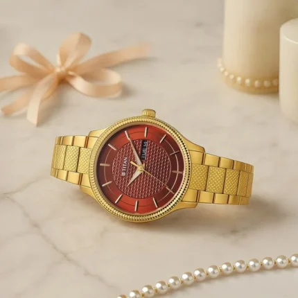 Titan Karishma Wedding Edit Quartz Analog with Day and Date Brown Dial Stainless Steel Strap Watch For Men