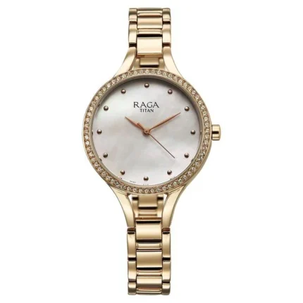 Titan Raga Viva Analog Watch (Rose Gold / Gold) (Note: This specific style with the crystal-studded bezel and Mother of Pearl dial is often part of the Titan Raga Viva or Raga Aurora collection,