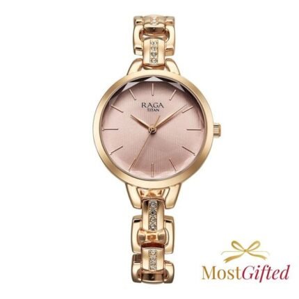 Titan Raga Rose Gold Analog Watch for Women (Likely from the Titan Raga Facets or Raga Garden of Eden collection, featuring a faceted glass crystal)