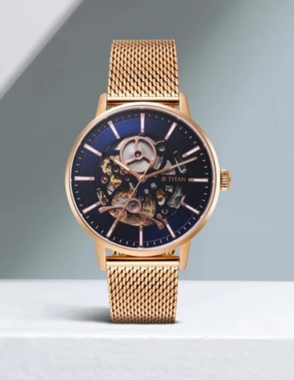 Titan Mechanical Analog Blue Dial Men's Watch (Skeleton Automatic with Rose Gold Mesh Strap)
