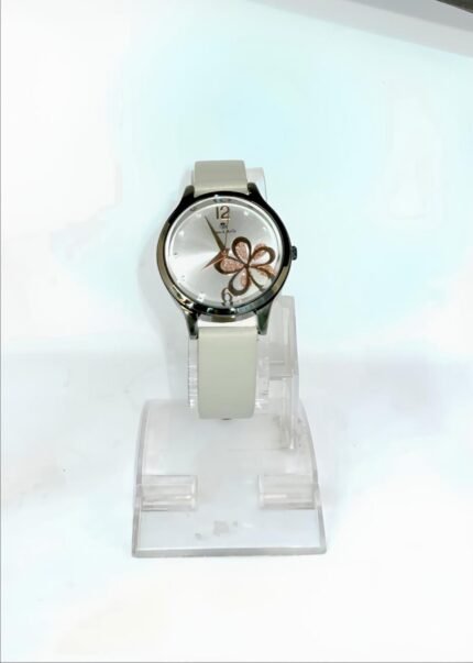 Women's Silver Dial Analog Watch with Rose Gold Clover Design & Grey Leather Strap