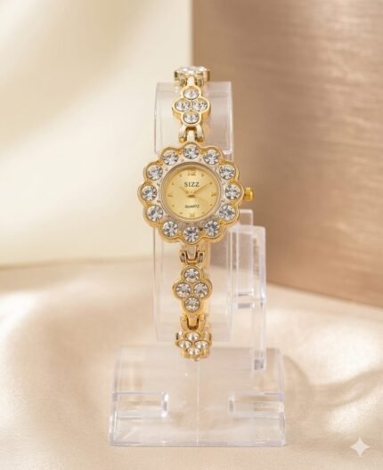 SIZZ Luxury Floral Rhinestone Gold-Plated Bracelet Watch for Women