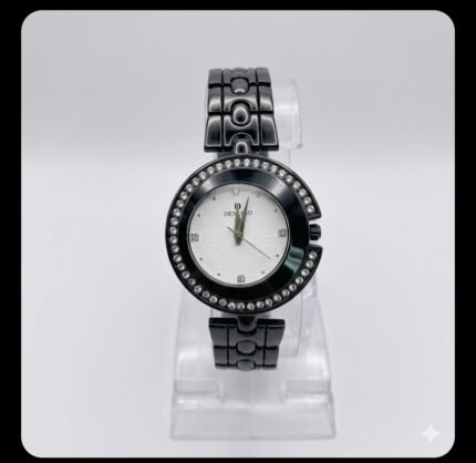 Designo Crystal-Bezel Black Ceramic-Style Women's Dress Watch